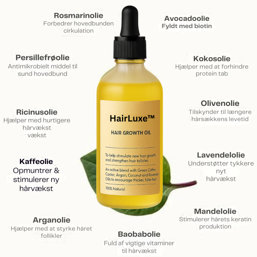 HairLuxe™ Hårvækstolie | Sig farvel til hårtab og oplev tykkere, stærkere hår på kun 4 uger!